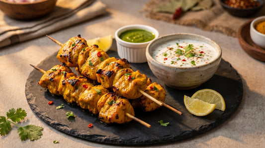 Chicken pieces marinated in curd with tandoori spices on a plate with lemon wedges