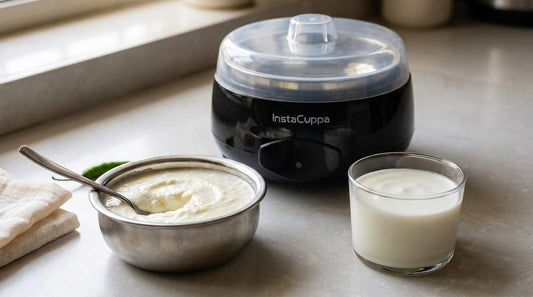 InstaCuppa Automatic Curd Maker behind a steel katori of homemade dahi and a glass of set yogurt