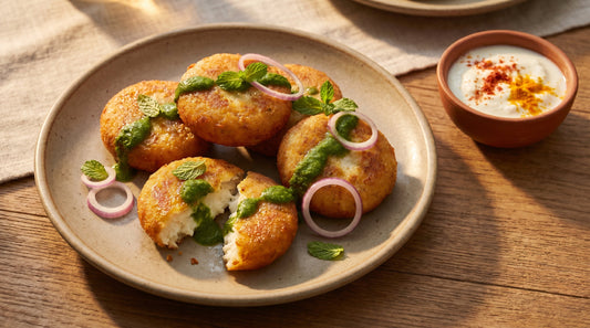 Golden dahi ke kebab on a plate with green chutney and sliced onion rings
