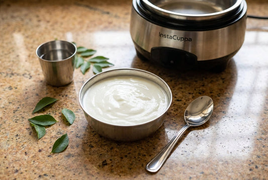 Bowl of fresh thick homemade dahi (curd) on an Indian kitchen counter - dahi khane ke fayde