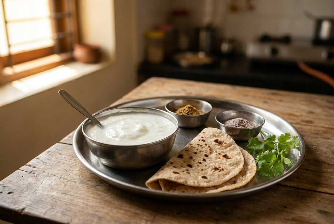 Dahi khane ke fayde - a steel katori of thick homemade dahi (curd) with a spoon, two folded whole-wheat phulka rotis, roasted jeera powder and black salt on a stainless steel thali in morning kitchen light