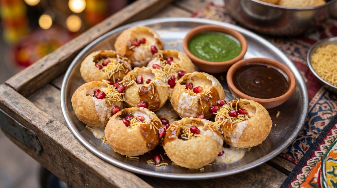 Dahi puri topped with curd, chutneys, sev, and spices on a serving plate