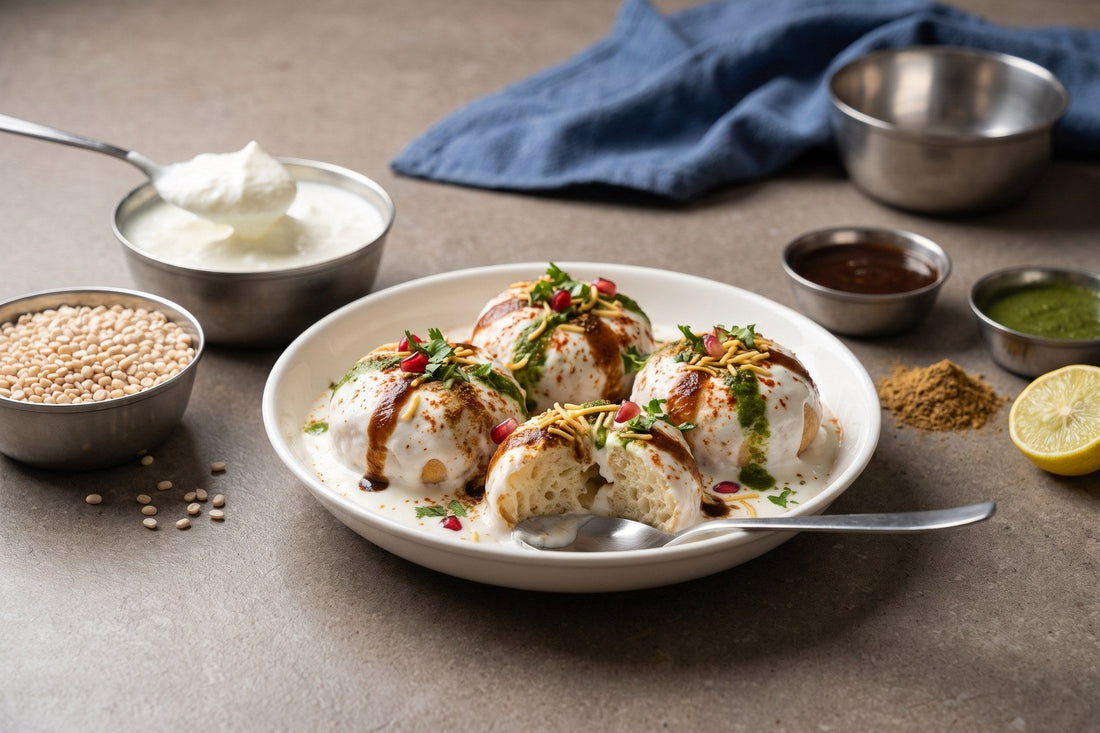 Four dahi vada in a white dish under thick set curd, topped with tamarind and green chutney, sev, pomegranate and coriander, one cut open to show the spongy interior, beside bowls of raw urad dal and strained curd