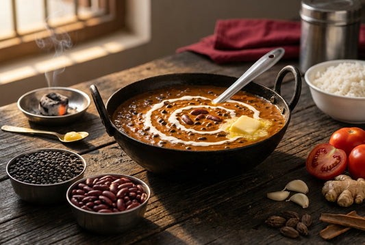 Dal makhani in an iron karahi with a swirl of cream and melting butter, beside bowls of whole black urad and red rajma, a glowing coal in a steel katori for the dhungar, tomatoes, ginger and whole spices on a wooden table
