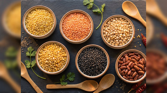 Dal protein guide - 6 Indian dals in bowls overhead flat lay