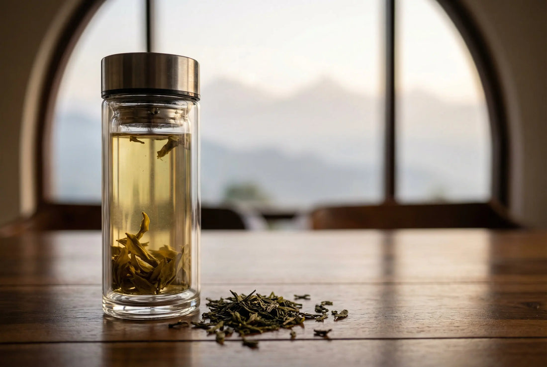 Glass tea infuser bottle with light golden Darjeeling tea and misty Himalayan mountains in background