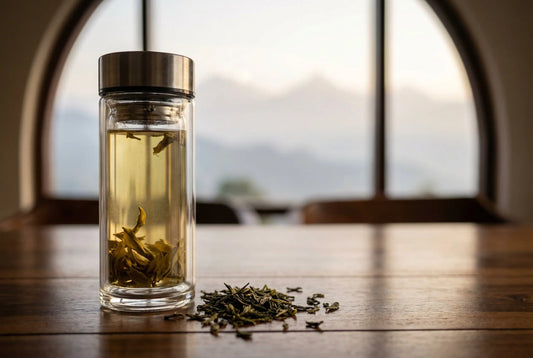 Glass tea infuser bottle with light golden Darjeeling tea and misty Himalayan mountains in background