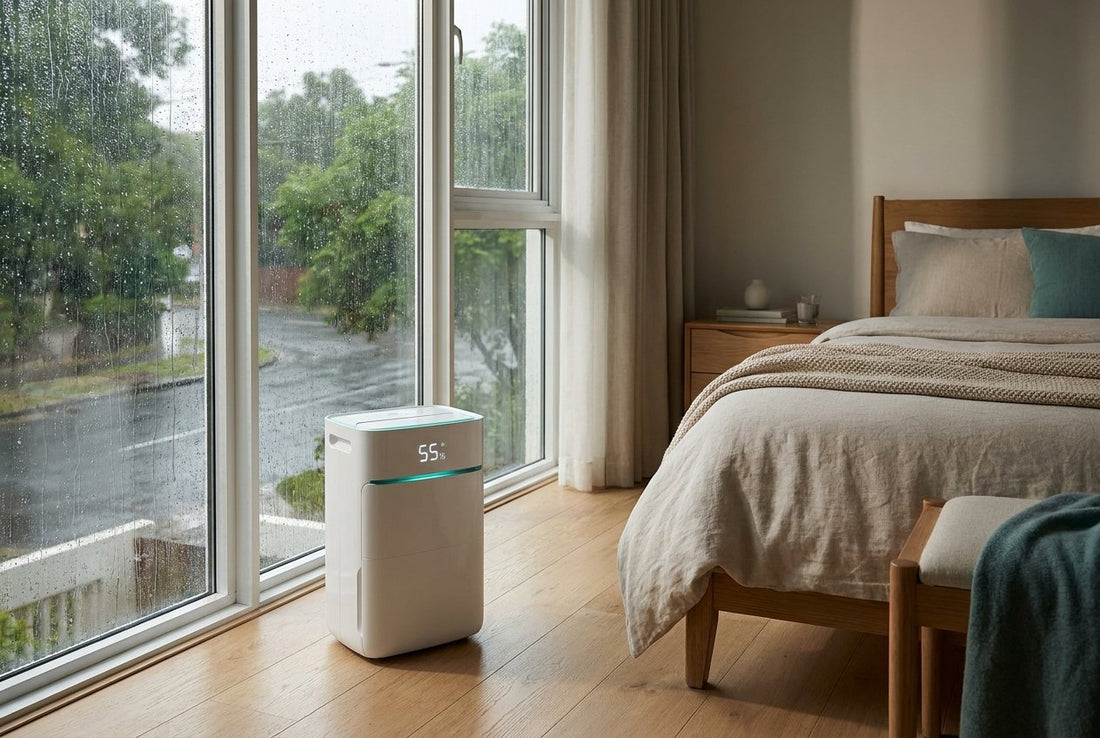 Compact white dehumidifier in an Indian bedroom during monsoon rain