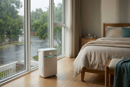 Compact white dehumidifier in an Indian bedroom during monsoon rain