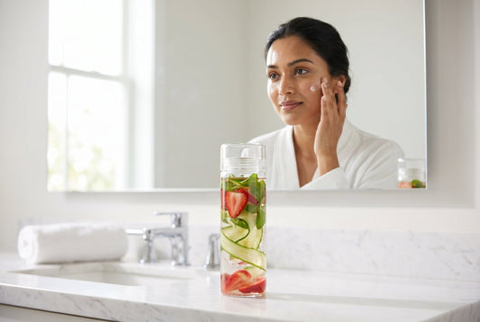 Detox water for skin with glass tea infuser bottle and fresh fruits