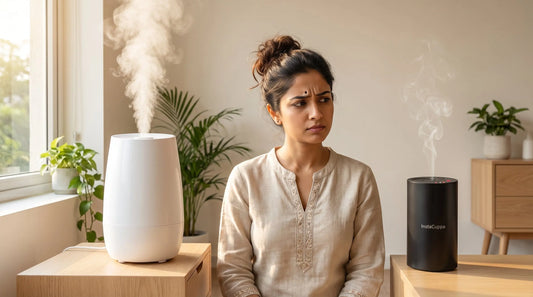Aroma diffuser vs humidifier comparison — Indian woman choosing between cool mist humidifier and waterless aroma diffuser