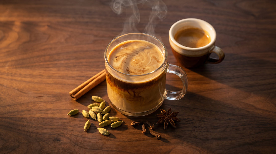Dirty chai latte with Indian spices and espresso shot