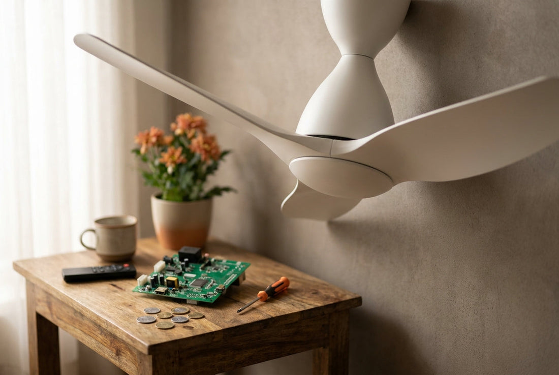 Disadvantages of BLDC fans — white BLDC ceiling fan with exposed PCB controller, remote and coins showing repair cost in India