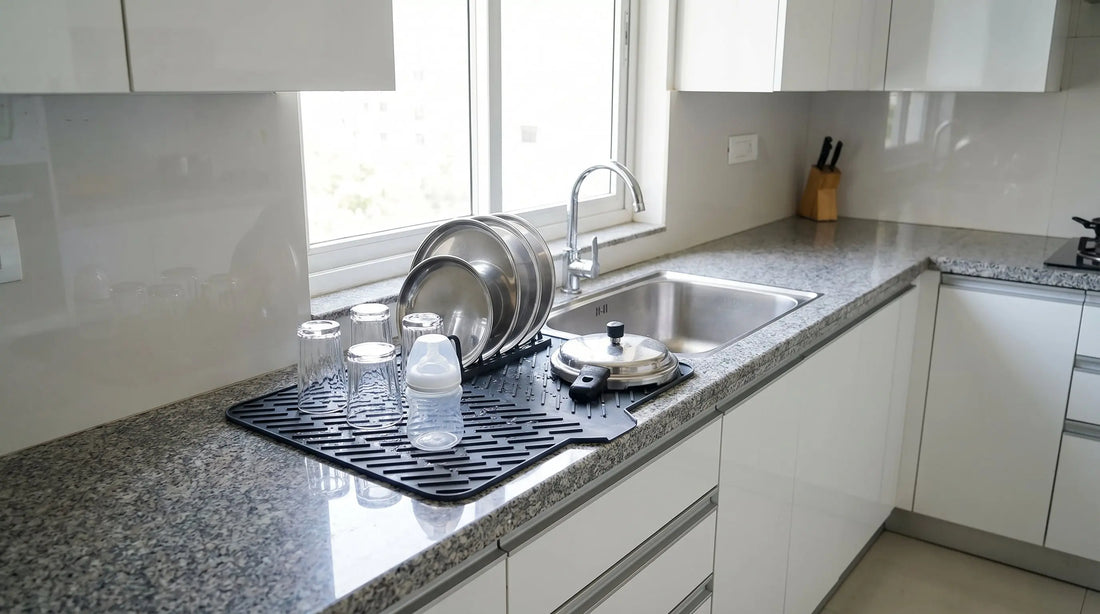 Best dish drying mats in India 2026 - silicone mat with dishes on kitchen counter