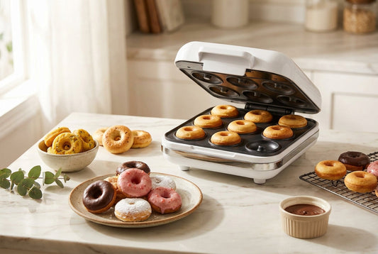 Electric donut maker with mini donuts, savory corn rings and mini bagels on an Indian kitchen counter