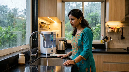 Indian woman checking drinking water safety in monsoon at home