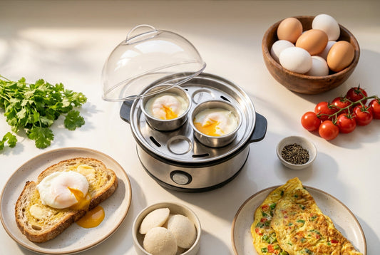Egg poacher uses — electric egg poacher with poached eggs, omelette and idlis on an Indian kitchen counter