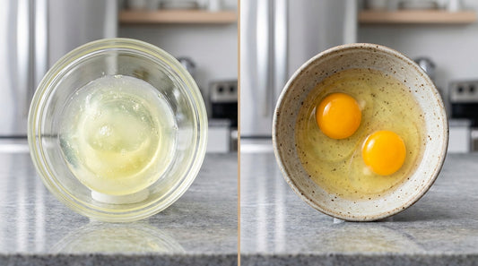 Egg white vs whole egg nutrition comparison - separated egg whites in glass bowl and whole eggs with golden yolks