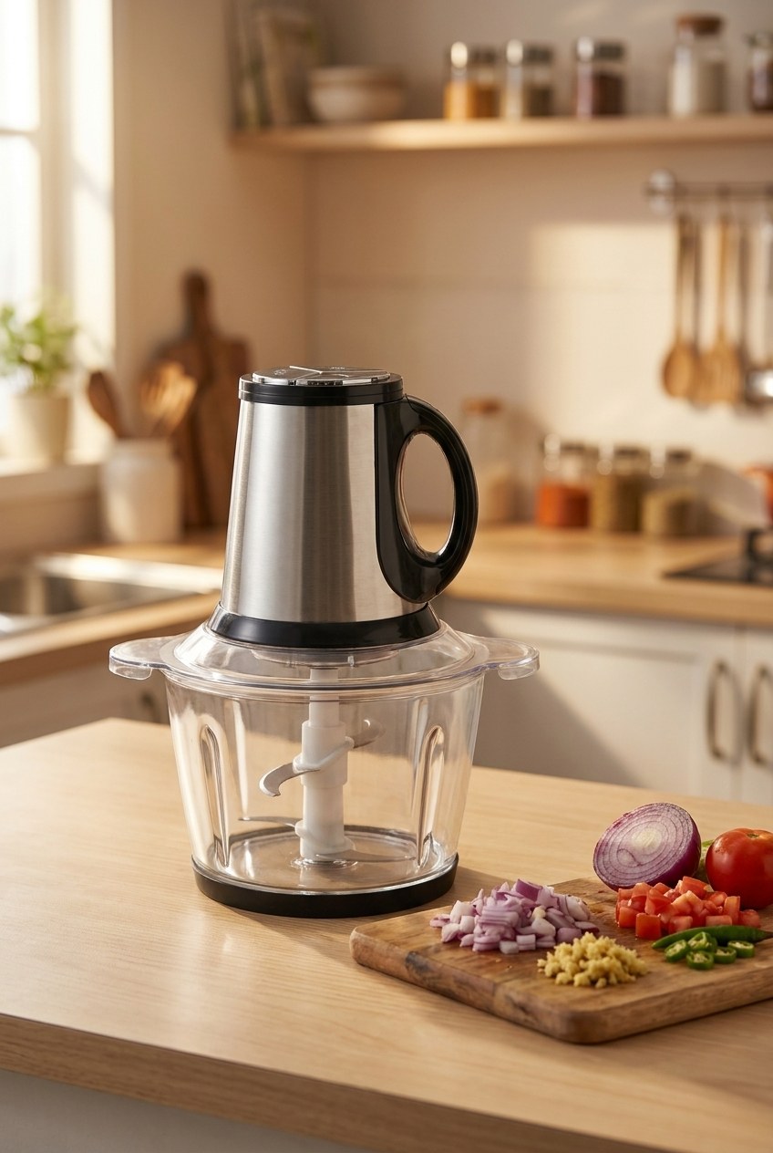 InstaCuppa electric chopper on a kitchen counter with freshly chopped vegetables
