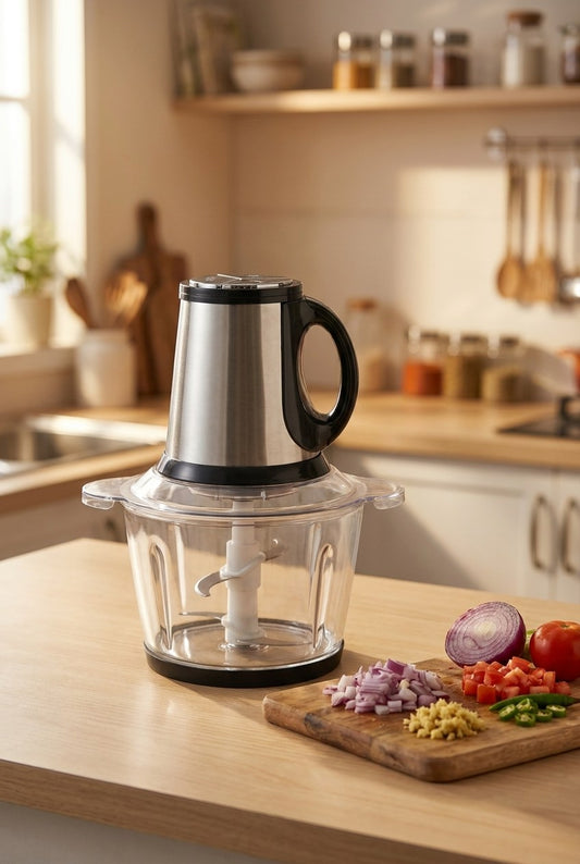 InstaCuppa electric chopper on a kitchen counter with freshly chopped vegetables