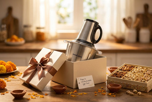 InstaCuppa electric chopper as a festive Diwali kitchen gift in a gift box with dry fruits