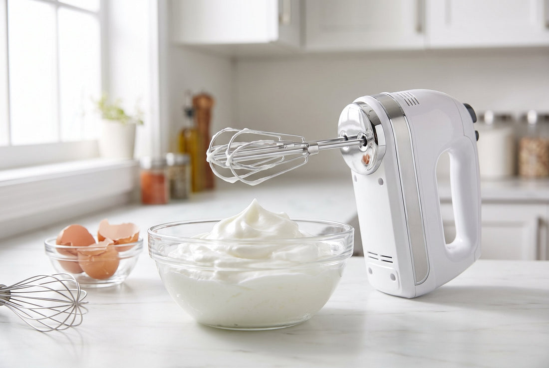 Electric egg beater whipping stiff-peak egg whites in a glass bowl on a marble kitchen counter