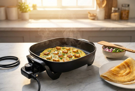 Electric frying pan uses — cooking paneer and a masala omelette in an electric skillet in an Indian kitchen