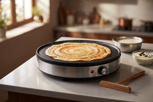 Electric griddle cooking a crispy golden dosa in an Indian kitchen