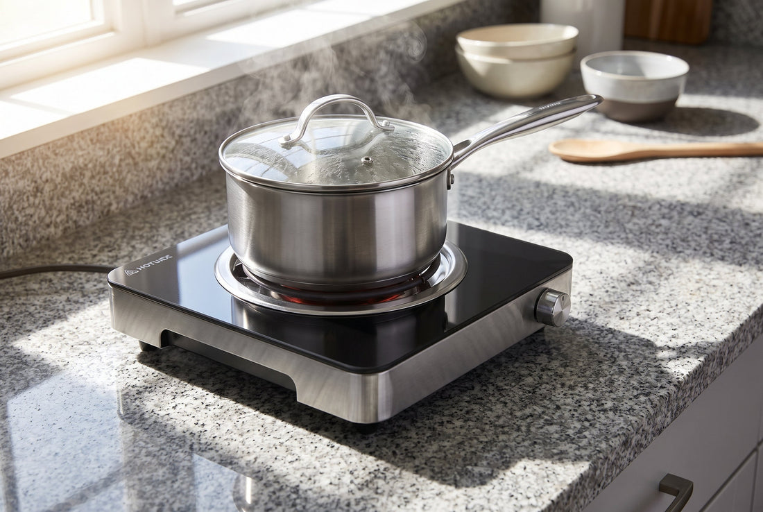 Electric hot plate with a steel vessel on an Indian kitchen counter