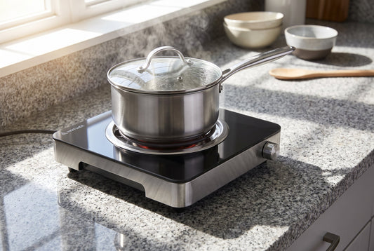 Electric hot plate with a steel vessel on an Indian kitchen counter