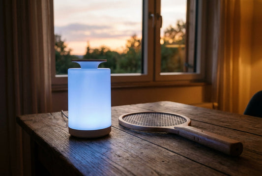 Electric mosquito killer UV lamp glowing next to a mosquito-swatter racket on a wooden table at dusk in an Indian home