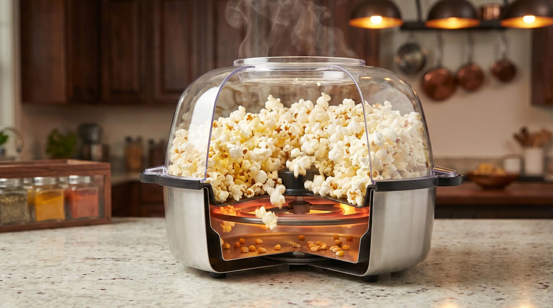 Electric popcorn maker in action with popcorn popping inside