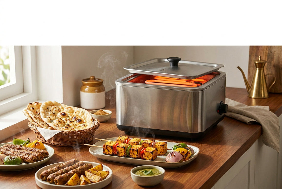 Everyday Indian dishes cooked in an electric tandoor — paneer tikka, naan, seekh kebab and tandoori aloo