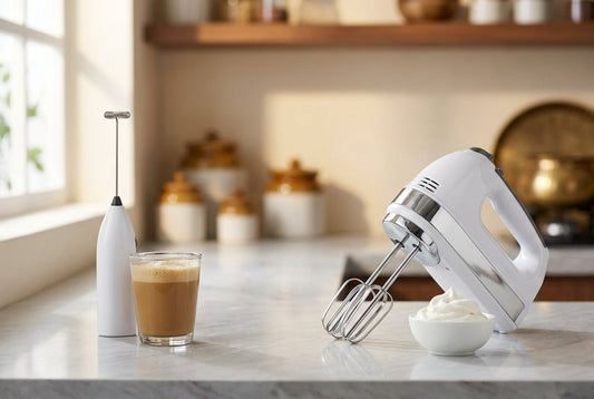 Electric whisk and hand mixer side by side on a marble kitchen counter in India