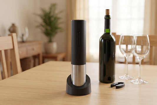 Electric wine opener with an opened wine bottle and two glasses on a wooden dining table