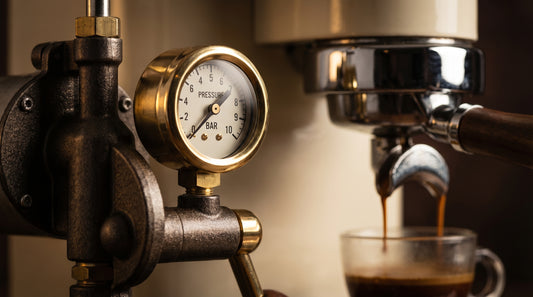 Espresso machine pressure gauge close-up showing bar measurements with portafilter