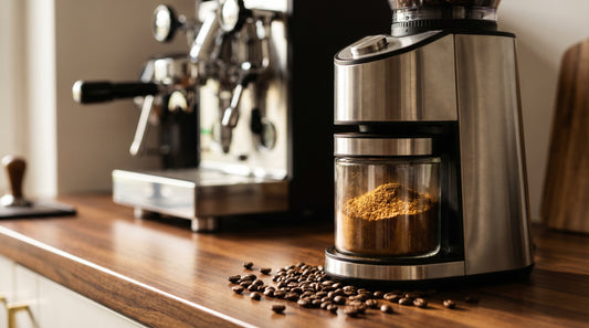 Burr coffee grinder with fresh ground coffee and espresso machine in background