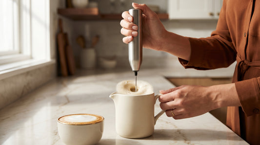 Hands using handheld milk frother to make cappuccino foam at home without steam wand