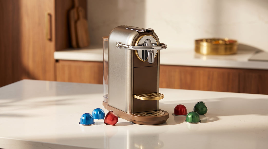 Modern capsule coffee machine with assorted colorful coffee pods on kitchen counter in Indian home