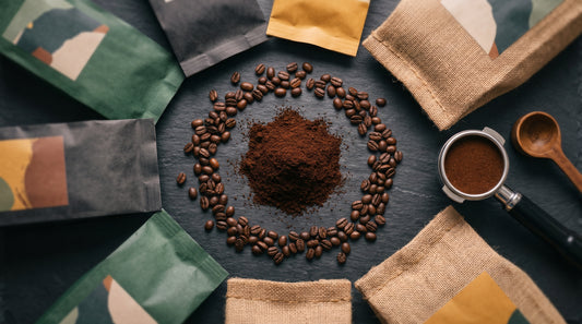Espresso coffee powder brands flat lay with portafilter and coffee beans