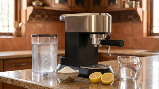 Espresso machine with citric acid powder, lemon, and descaling supplies on Indian kitchen counter