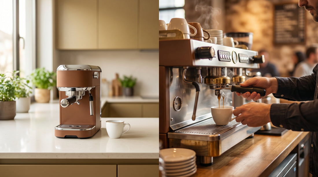 Side-by-side comparison of home espresso machine versus professional cafe espresso setup