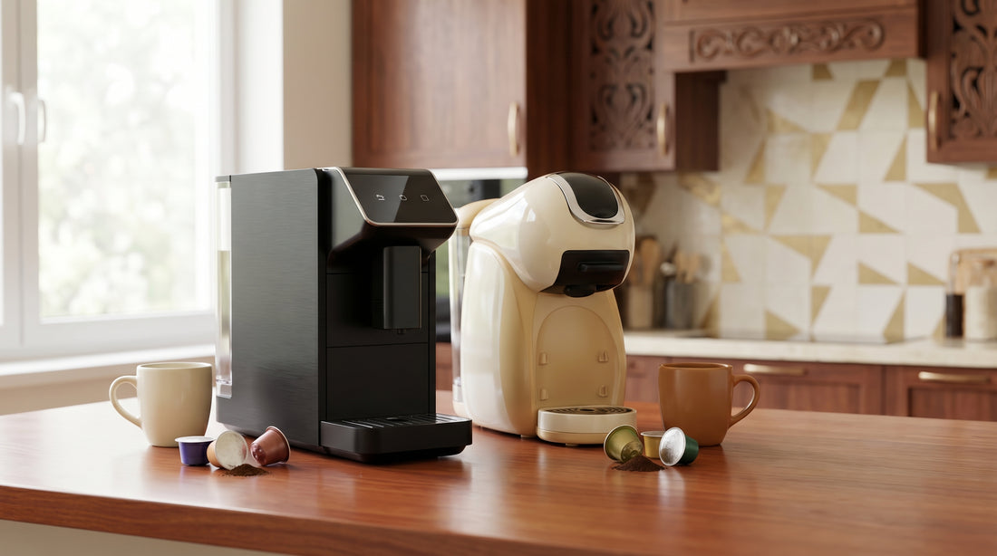 Two compact pod coffee machines side by side for comparison on wooden counter