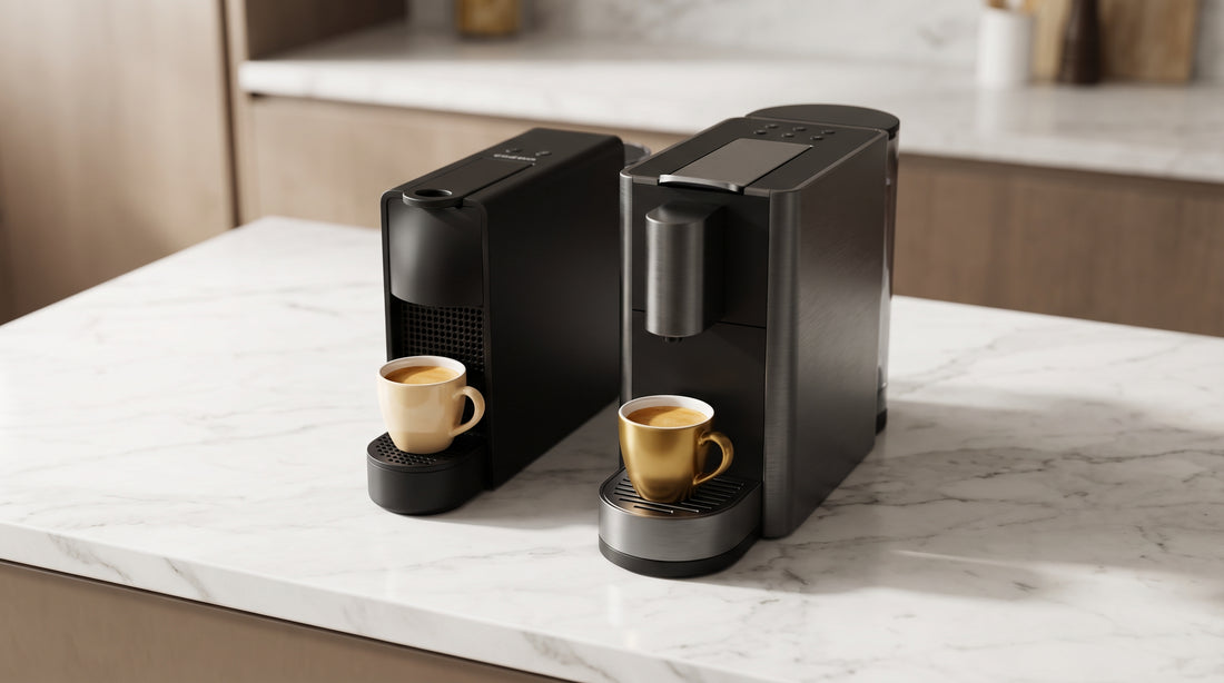Two compact espresso machines side by side on counter for product comparison