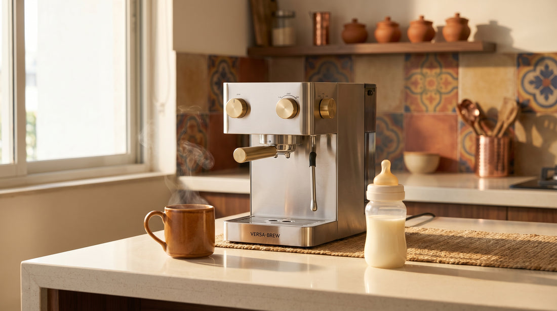 Espresso machine with tea cup and baby bottle on Indian kitchen counter showing all-in-one versatility