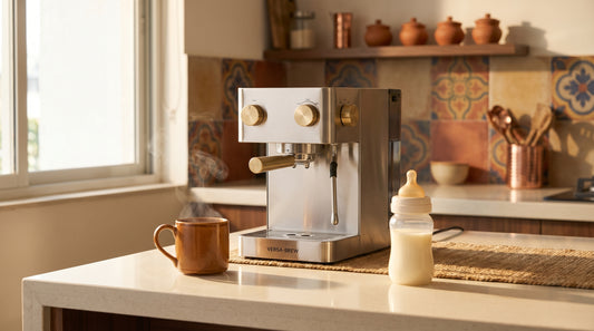 Espresso machine with tea cup and baby bottle on Indian kitchen counter showing all-in-one versatility