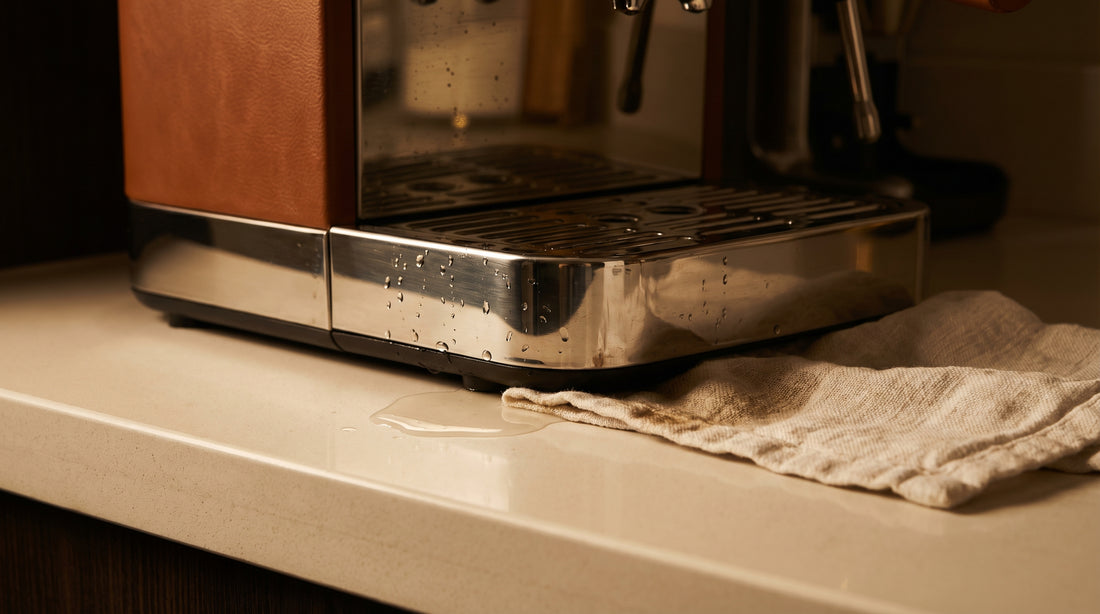 Close-up of espresso machine with water droplets near base showing water leak issue