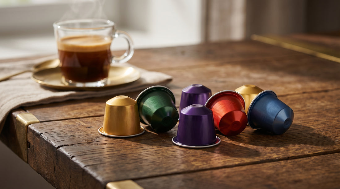 Colorful aluminum Nespresso-compatible coffee capsules arranged on wooden surface with espresso shot