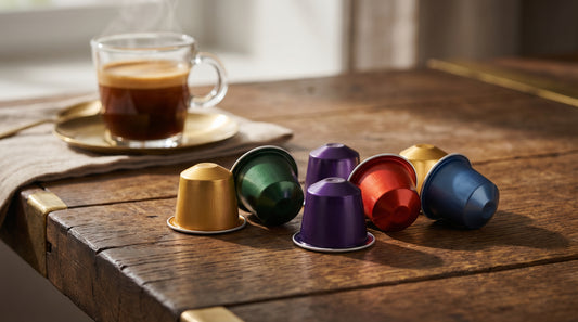 Colorful aluminum Nespresso-compatible coffee capsules arranged on wooden surface with espresso shot