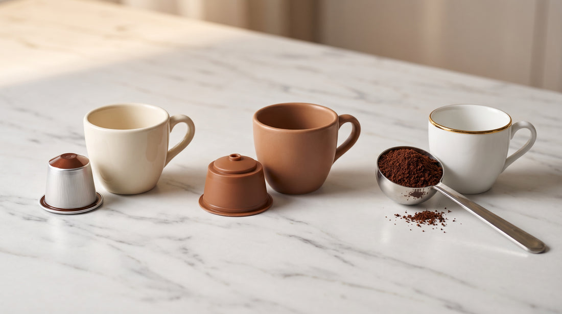 Three coffee methods compared side by side: Nespresso pod, Dolce Gusto capsule, and ground coffee
